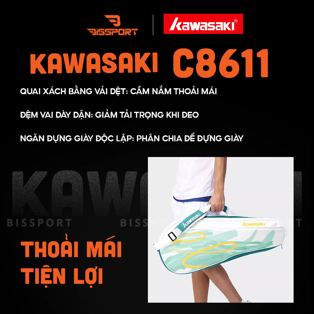 Túi Cầu Lông Kawasaki C8611 Chính Hãng - Tím Đen - Túi 2 Ngăn - Vải Chống Thấm Nước - Khóa Kéo Siêu Bền - Tiện Lợi